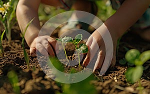 Child gardening, Close up of child hands planting plants in the soil, gardening in the backyard, childhood in the