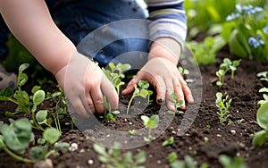 Child gardening, Close up of child hands planting plants in the soil, gardening in the backyard, childhood in the