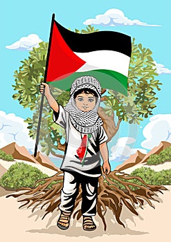 Child from Gaza with Keffiyeh holding a Free Palestine Flag standing in front of an Olive Tree Vector illustration