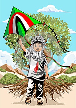 Child from Gaza, little Boy with Keffiyeh and holding a flying kite symbol of free Palestine Vector illustration isolated on White