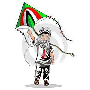 Child from Gaza, little Boy with Keffiyeh and holding a flying kite symbol of freedom Vector illustration isolated on White