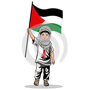 Child from Gaza, little Boy with Keffiyeh and holding a Palestinian Flag symbol of freedom Vector illustration isolated on White