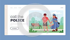 Child Get Lost in Public Place Landing Page Template. Scared Baby Crying in City Park. Police Officer Help to Kid