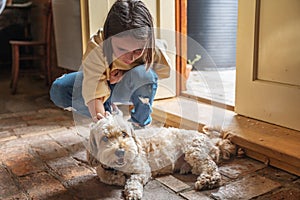 Child girl 10 years old gently stroking a fluffy beige dog squatting on the threshold of the country house
