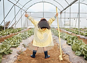 Child, girl or arms up in farming success, greenhouse harvest or agriculture land growth in sustainability field. Hands