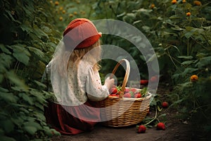 Child girl basket berries. Generate Ai