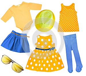 Child girl bright summer clothes isolated.