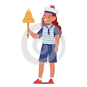 Child Girl Character Dressed In Sailor Costume Joyfully Rings A Bell, Eyes Gleaming With Excitement, Vector Illustration
