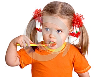 Child girl clean brush teeth.