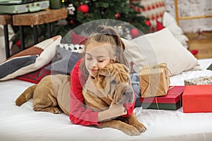 Child girl and dog at Christmas. Boxing Day. Shar Pei dog. Merry Christmas and Happy Holidays