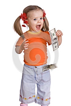 Child girl with dollar banknote.