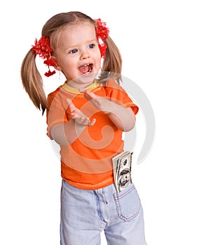 Child girl with dollar banknote.