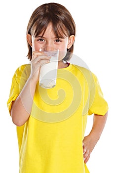 Child girl drinking milk kid glass healthy eating portrait format isolated on white