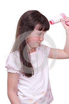 Child girl drying hair