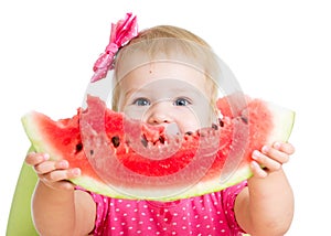 Child girl eating watermelon