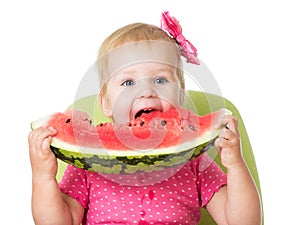 Child girl eating watermelon isolated on white background