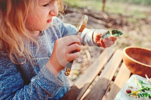 Child girl exploring nature in early spring forest. Kids learning to love nature. Teaching children about seasons changing.