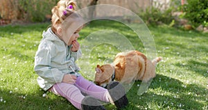 Child girl with ginger cat in spring backyard garden. Cute girl feeding her cat