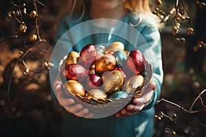 child girl hand hold colorful easter egg in garden with sunlight, generative Al