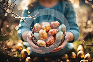 child girl hand hold colorful easter egg in garden with sunlight, generative Al