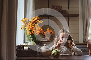 Child girl having breakfast at home in autumn morning. Real life cozy modern interior in country house