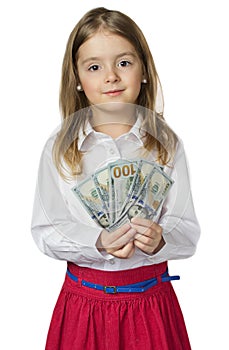 Child girl hold money in hands isolated.