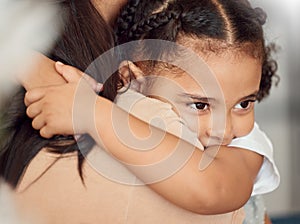 Child girl, hug and protection for holding mother, doing embrace and being sad. Black mother, nanny and daughter have