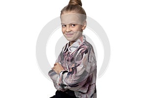 Child-girl with long hair gathered in a bun