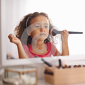 Child, girl and makeup with brush on mirror for role play for creativity and artistic. Kid, female person and bedroom