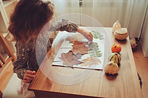 Child girl making herbarium from dried leaves at home, nature art and craft