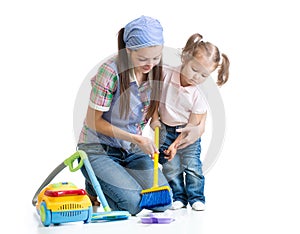 Child girl and mom cleaning room