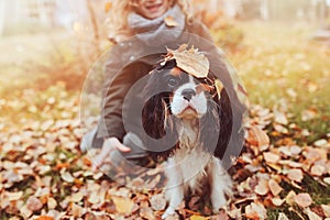 Child girl playing with her dog in autumn garden on the walk