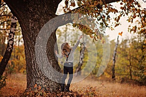 Child girl playing with oak tree on the walk