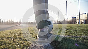 A child girl playing with soccer ball under sun light. Green field in city park at sunny day. Action sport outdoors of