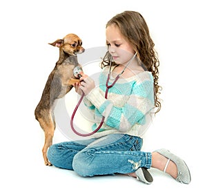 Child girl playing veterinarian with her little dog