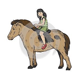 Child girl on pony color engraving vector