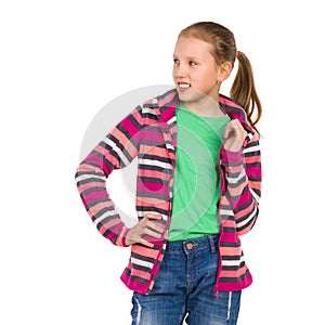 Child Girl Posing In Striped Fleece Blouse