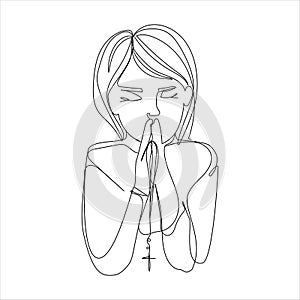 Child girl praying with folded hands Art Line vector illustration isolated on white background.