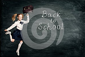 Child Girl Running Back to School, Pupil Kid in Retro Dress with Briefcase Jumping on Blackboard