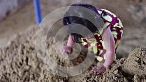 Child Girl Sand Play, Cute little girl covered with sand. Happy childhood. Relax and success, 4K