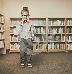 Child Girl in School Library Holding Books, Pointing Smart Kid