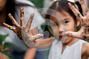 Child girl showing dirty hands after planting the tree in the garden