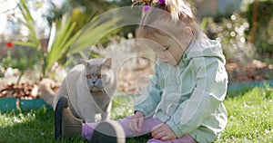 Child girl in spring backyard garden and feeding furry gray cat