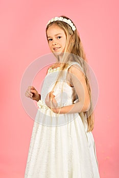Child girl in stylish glamour dress, elegance. child in prom dress
