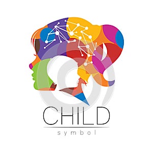 Child Girl Vector Color Logo of Grow Up Kids Silhouette profile human head. Concept logo for people, children, autism