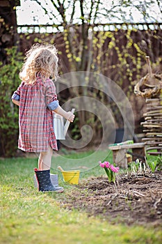 Child girl with watering can helps in spring garden