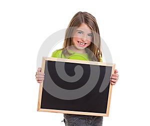 Child girl with white frame copy space black blackboard