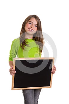 Child girl with white frame copy space black blackboard