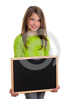 Child girl with white frame copy space black blackboard