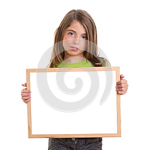 Child girl with white frame copy space white blackboard